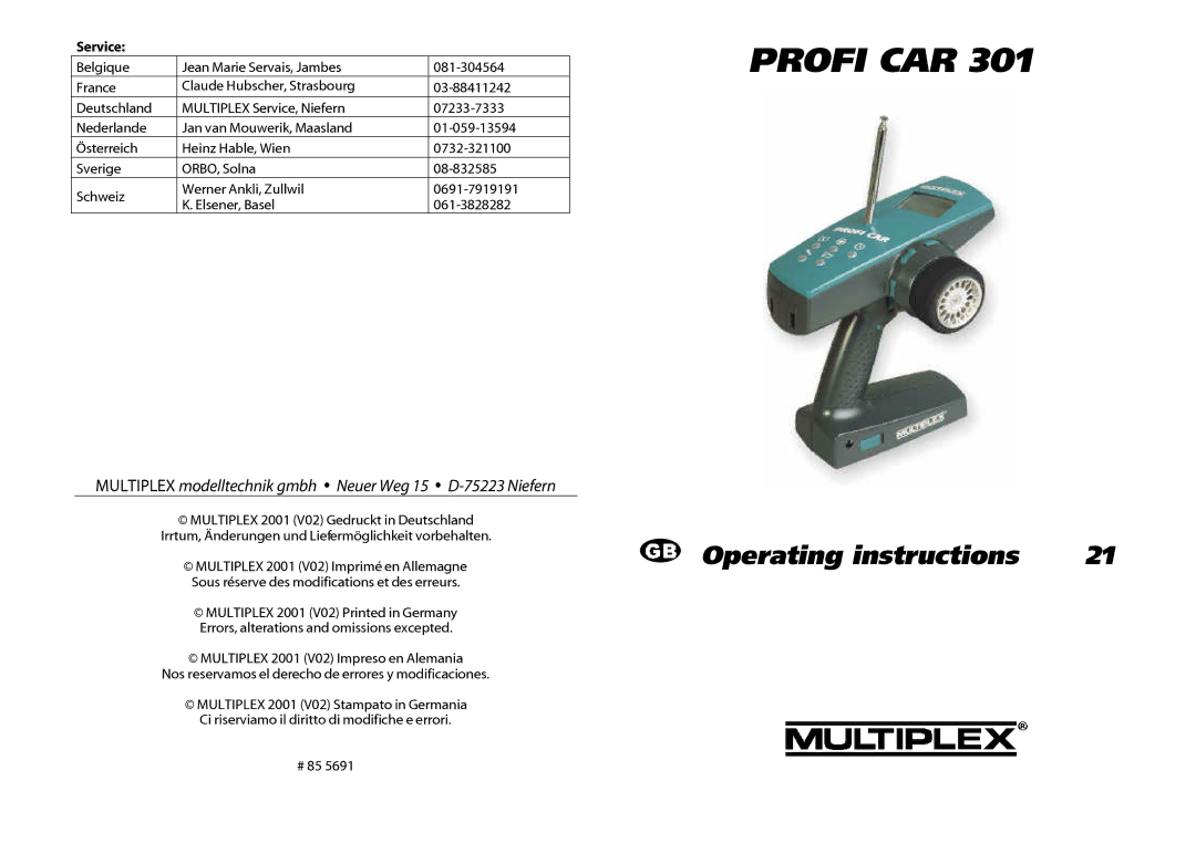 Multiplex Technology 301 manual Profi CAR, Service 