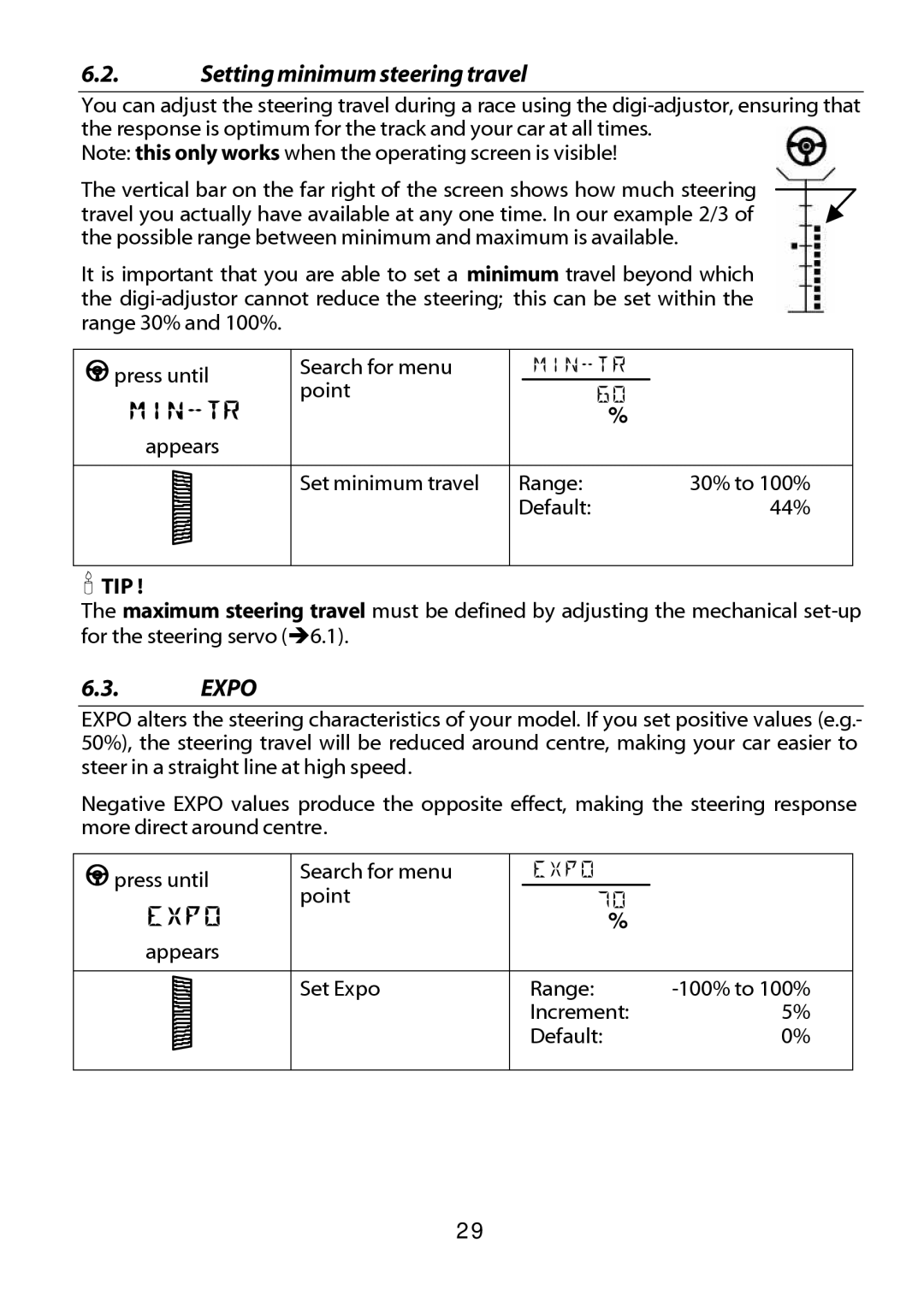 Multiplex Technology 301 manual Setting minimum steering travel, Expo, Tip 