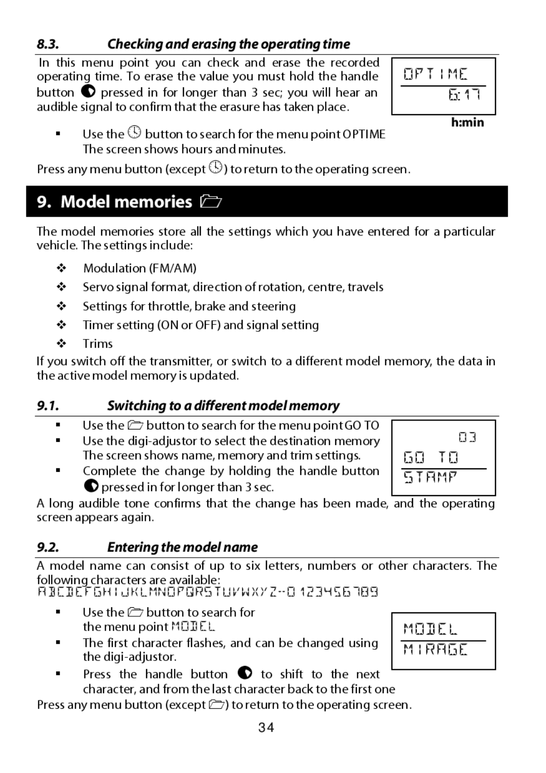 Multiplex Technology 301 manual Model memories, Optime, GO to, Stamp 