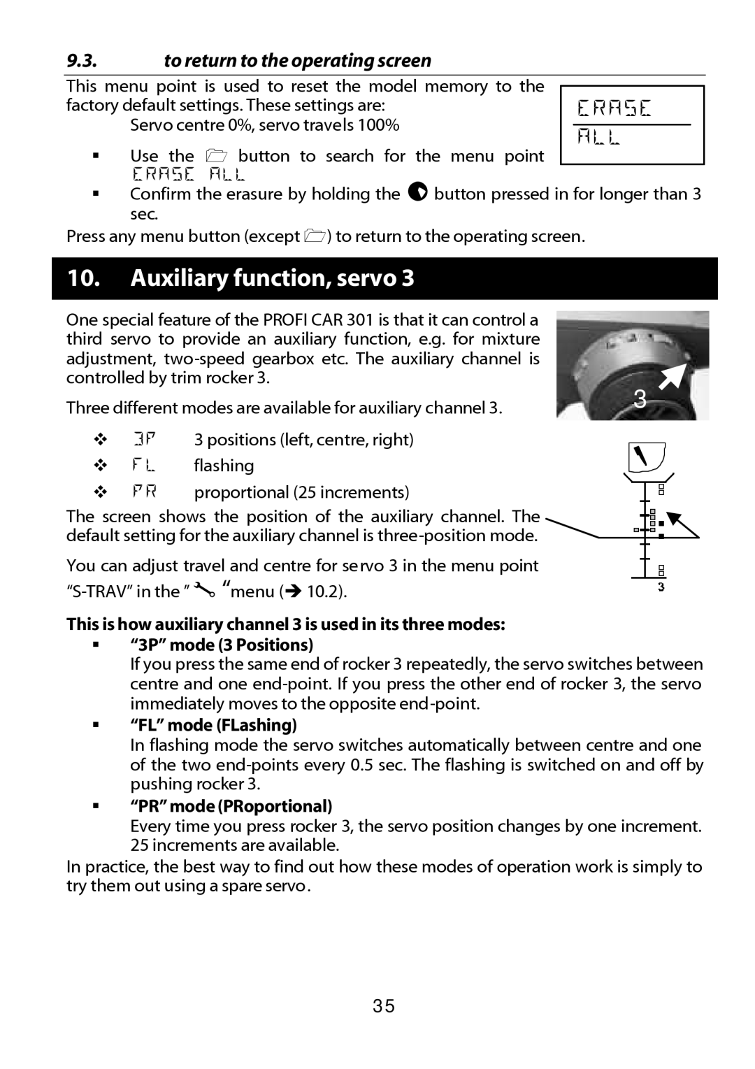 Multiplex Technology 301 manual Auxiliary function, servo, Erase, All, To return to the operating screen 