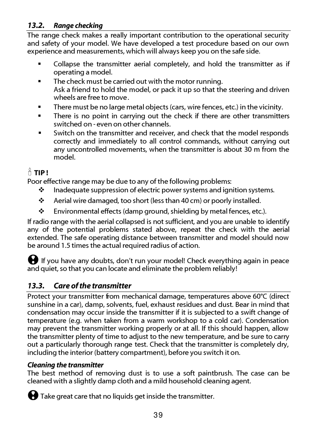 Multiplex Technology 301 manual Care of the transmitter, Range checking, Cleaning the transmitter 