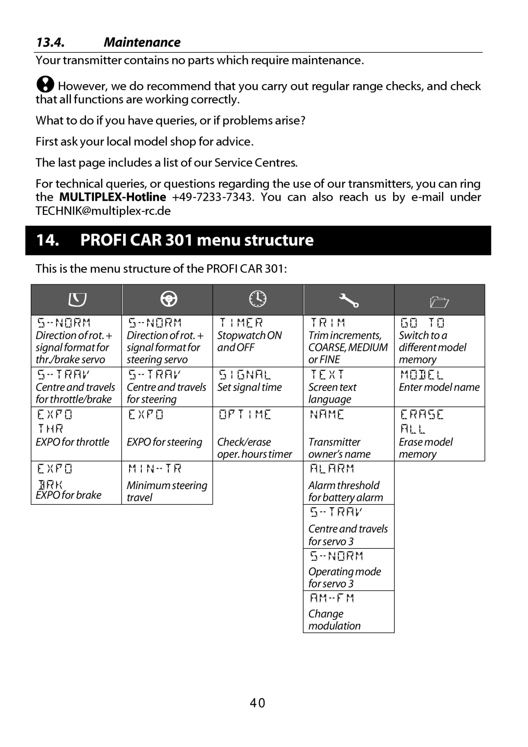 Multiplex Technology manual Profi CAR 301 menu structure, Maintenance 