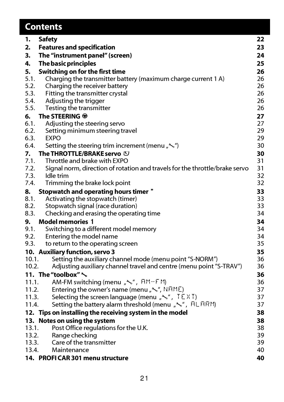 Multiplex Technology 301 manual Contents 