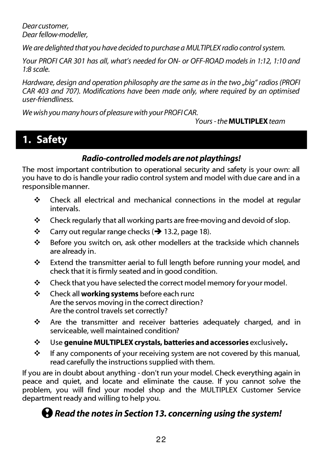 Multiplex Technology 301 manual Safety, Radio-controlled models are not playthings 