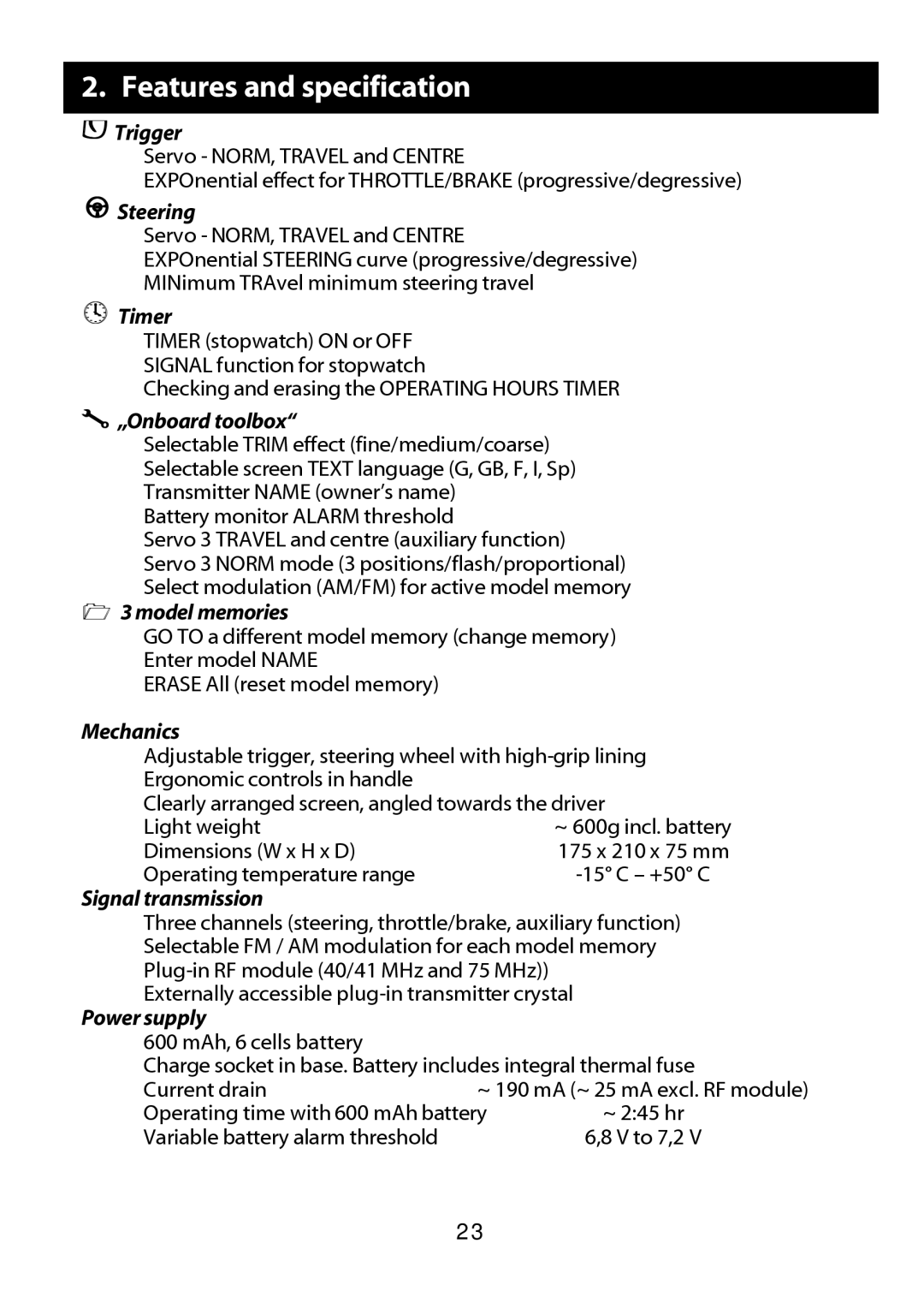 Multiplex Technology 301 manual Features and specification 