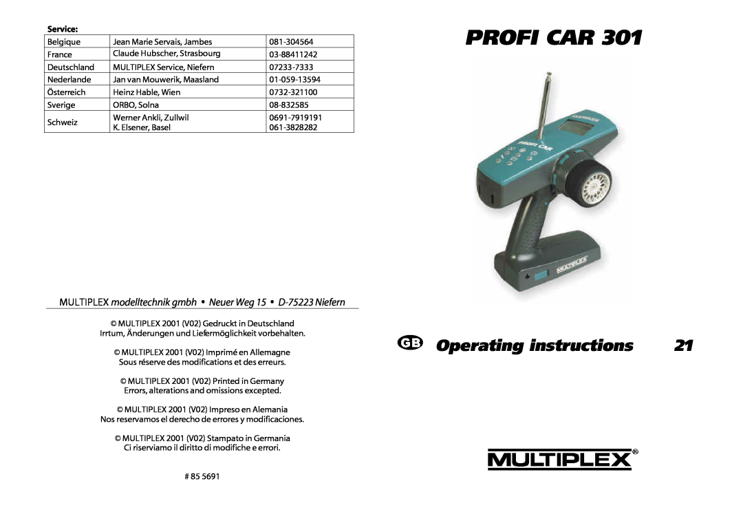 Multiplex Technology 301 manual Service, Profi Car, Operating instructions 