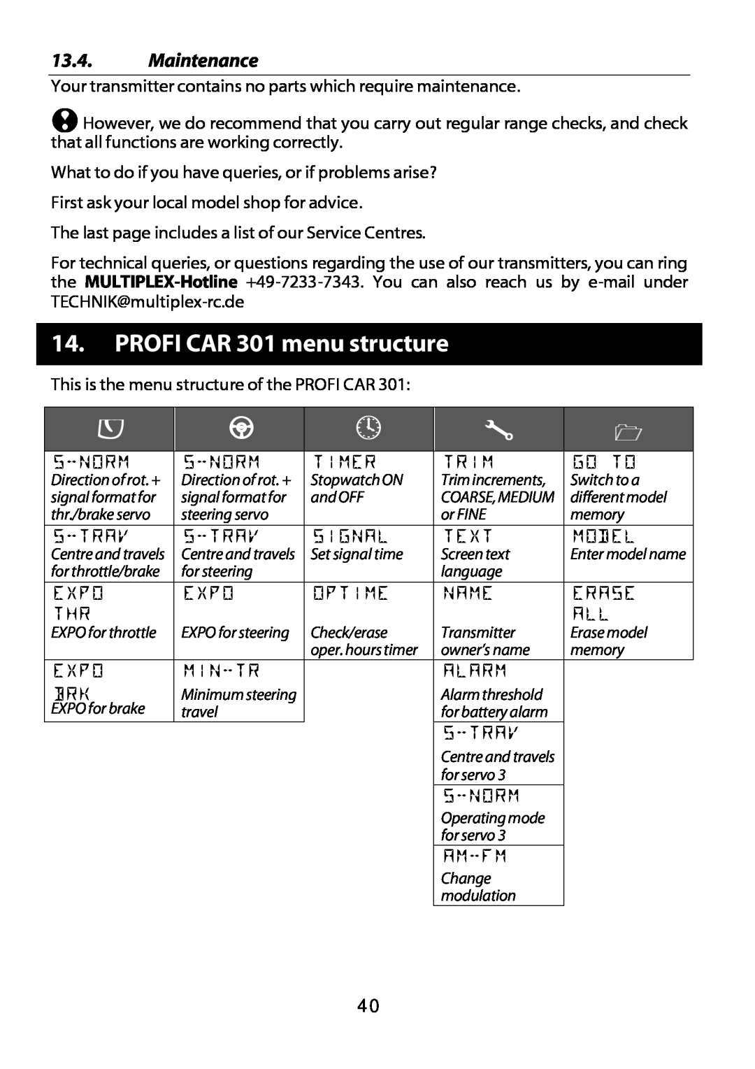 Multiplex Technology manual PROFI CAR 301 menu structure, Maintenance 