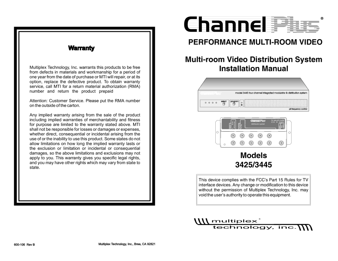 Multiplex Technology 3425, 3445 warranty Channel, Warranty 