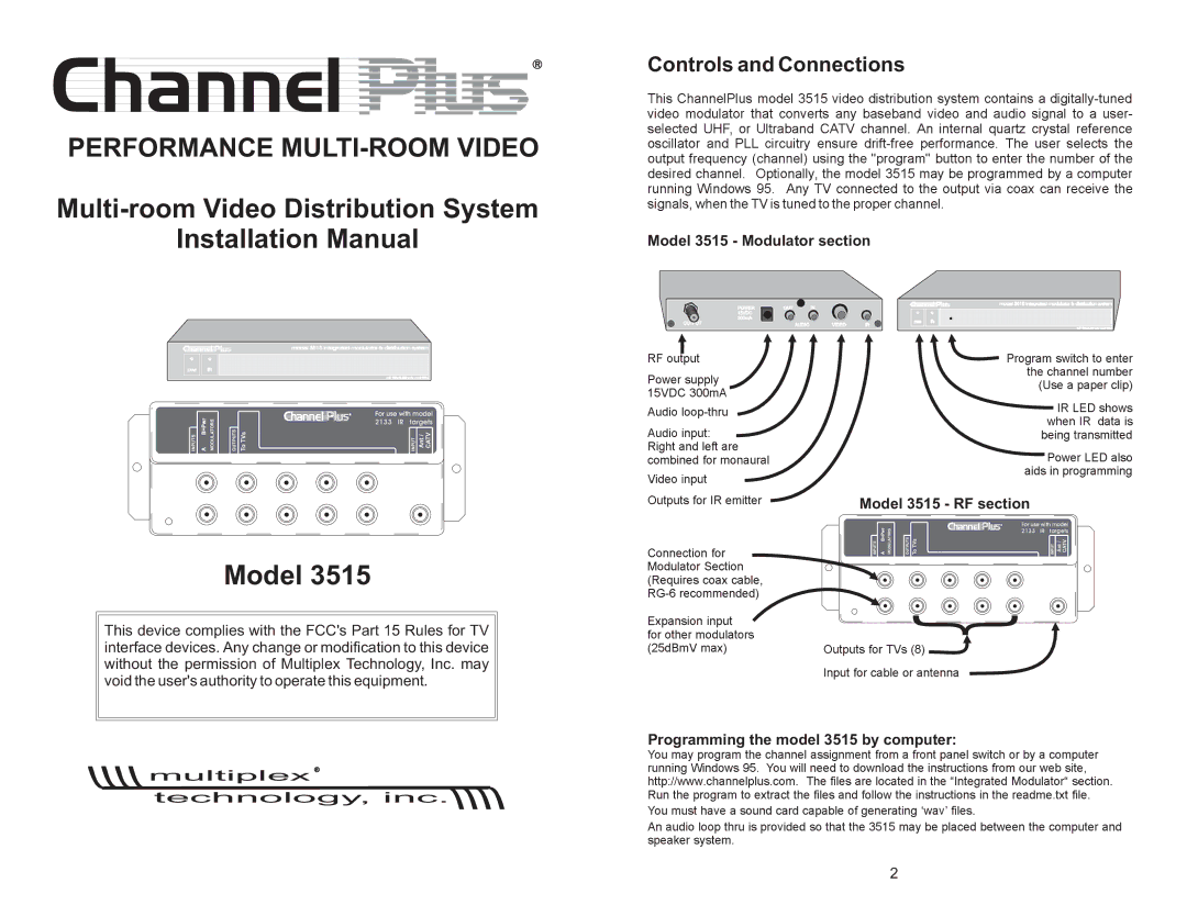 Multiplex Technology installation manual Controls and Connections, Odel 3515 Modulator section, L 3515 RF section 