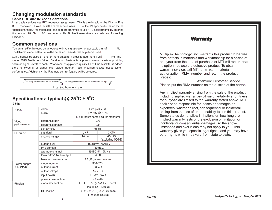 Multiplex Technology 3515 Changing modulation standards, Common questions Specifications typical @ 25 C ± C, Warranty 