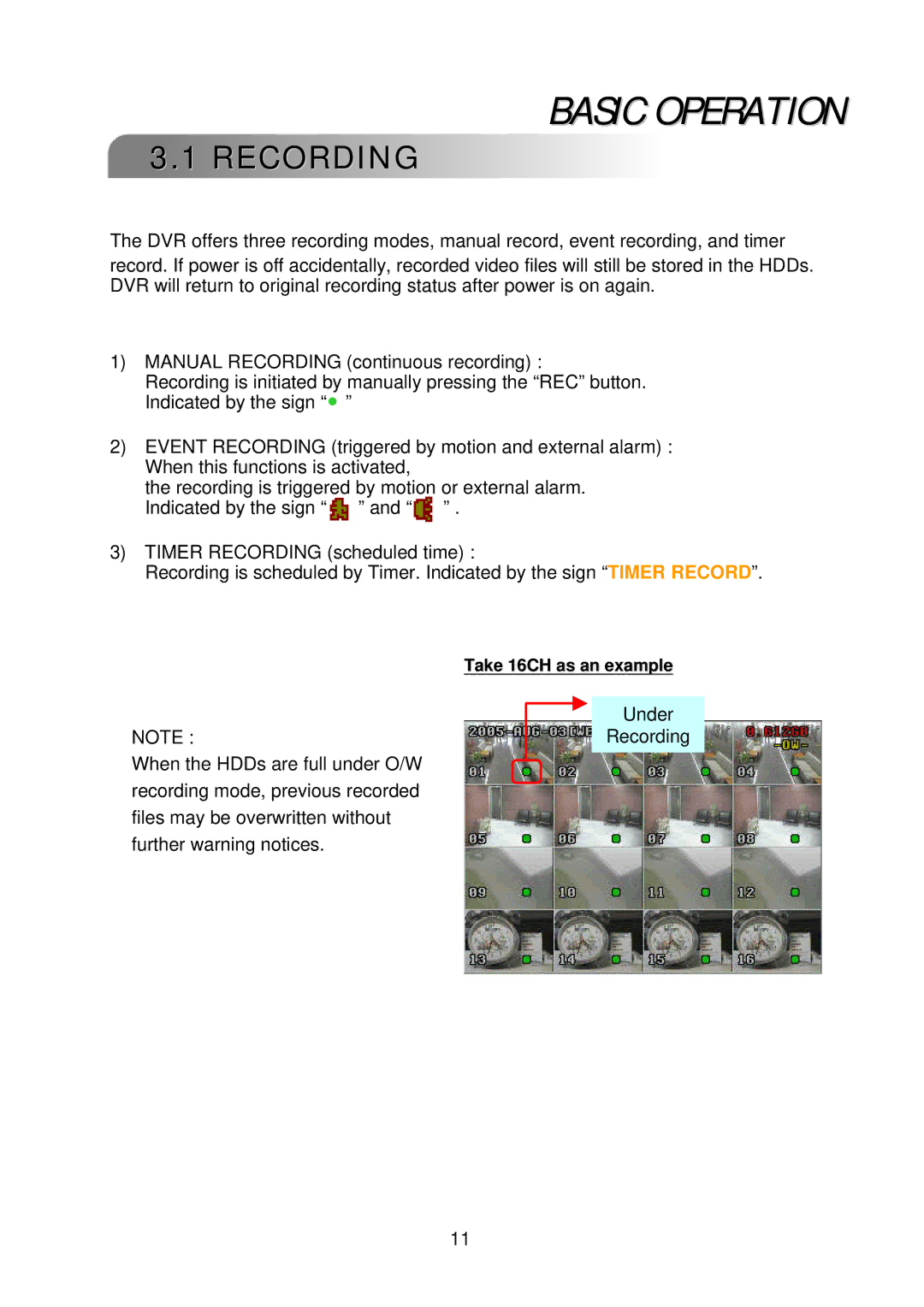 Multiplex Technology 4CH, 8CH, 16CH user manual Basic Operation, Recording 