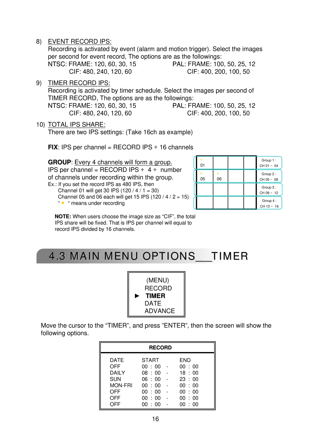 Multiplex Technology 16CH, 8CH, 4CH user manual Main Menu Optionstimer, Event Record IPS, Timer Record IPS, Total IPS Share 