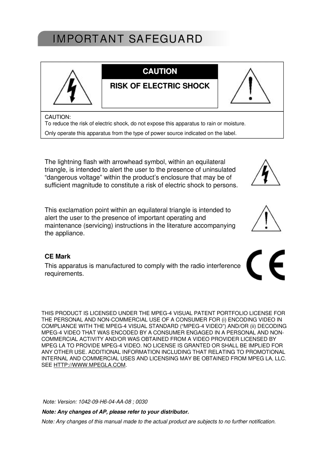 Multiplex Technology 4CH, 8CH, 16CH user manual Important Safeguard, CE Mark 