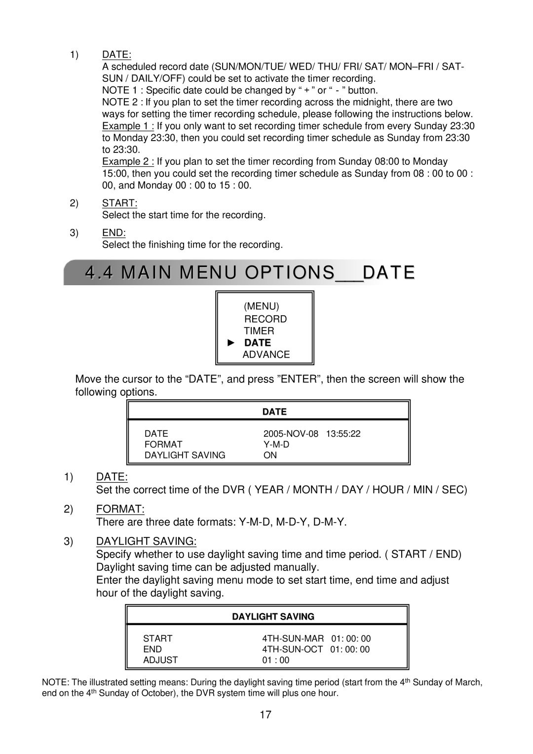 Multiplex Technology 4CH, 8CH, 16CH user manual Main Menu Optionsdate, Format, Daylight Saving, Date 