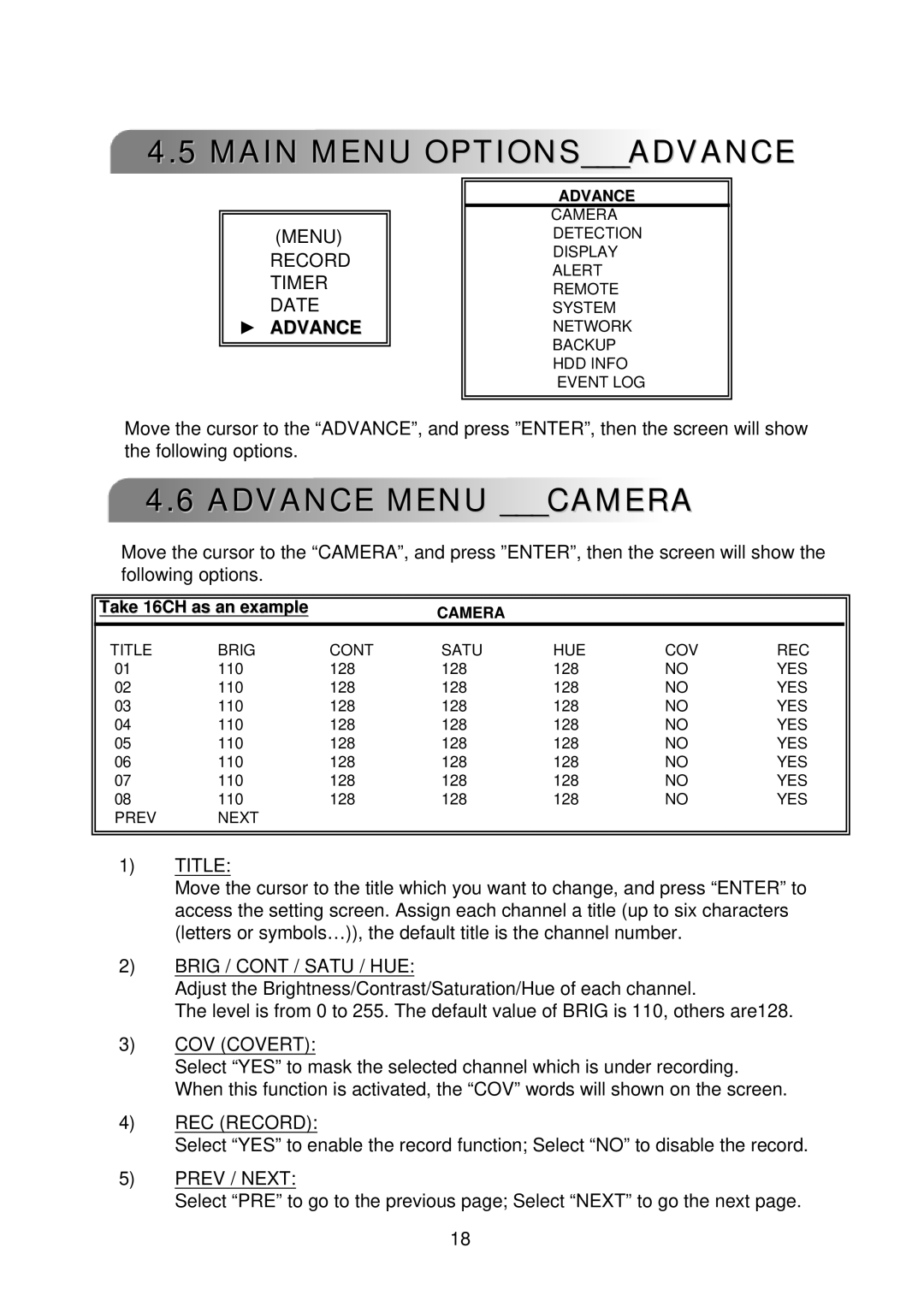 Multiplex Technology 8CH, 16CH, 4CH user manual Main Menu Optionsadvance, Advance Menu Camera 