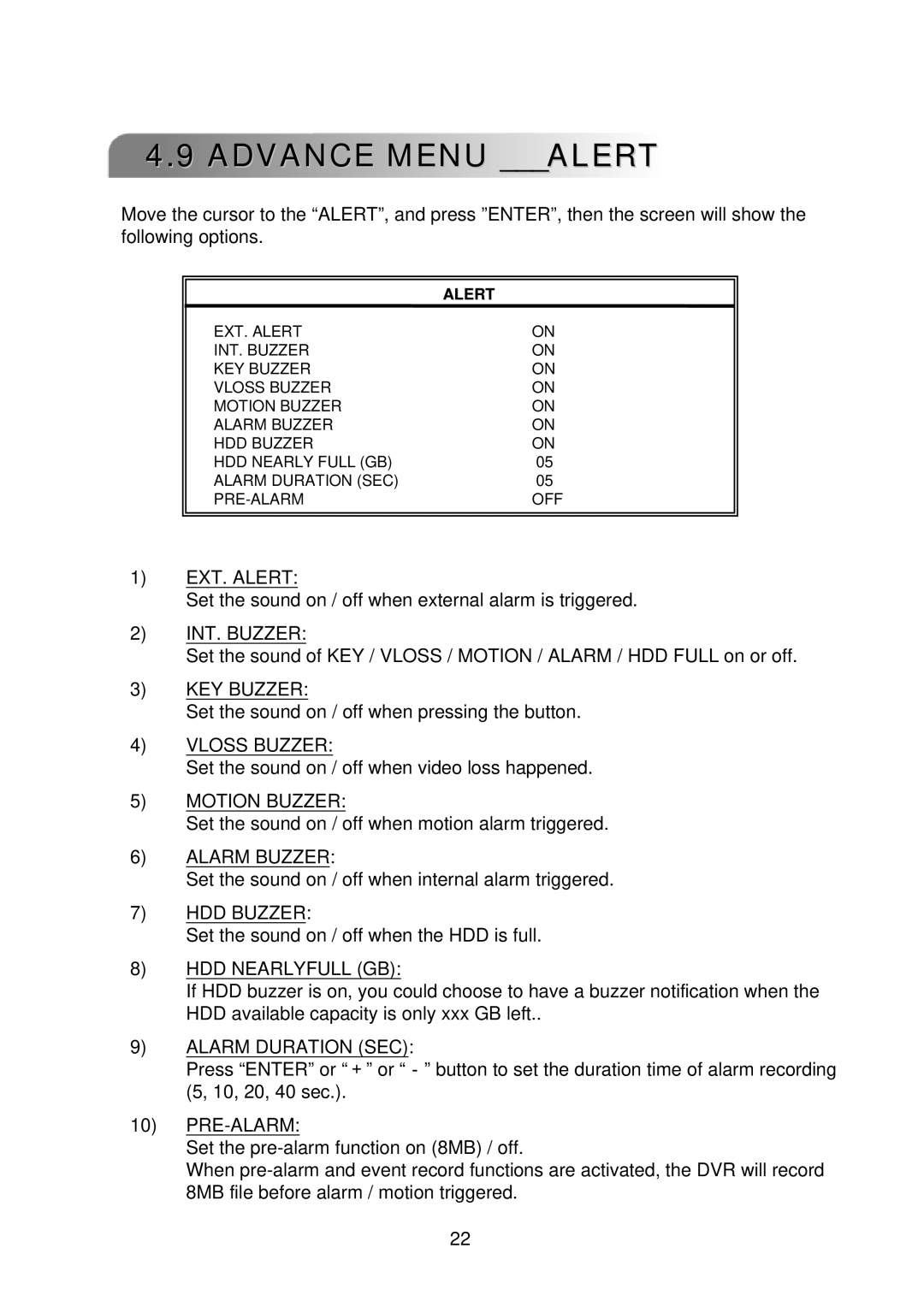 Multiplex Technology 16CH, 8CH, 4CH user manual Advance Menu Alert 