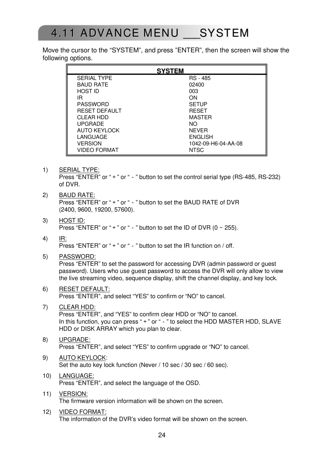 Multiplex Technology 8CH, 16CH, 4CH user manual Advance Menu System 