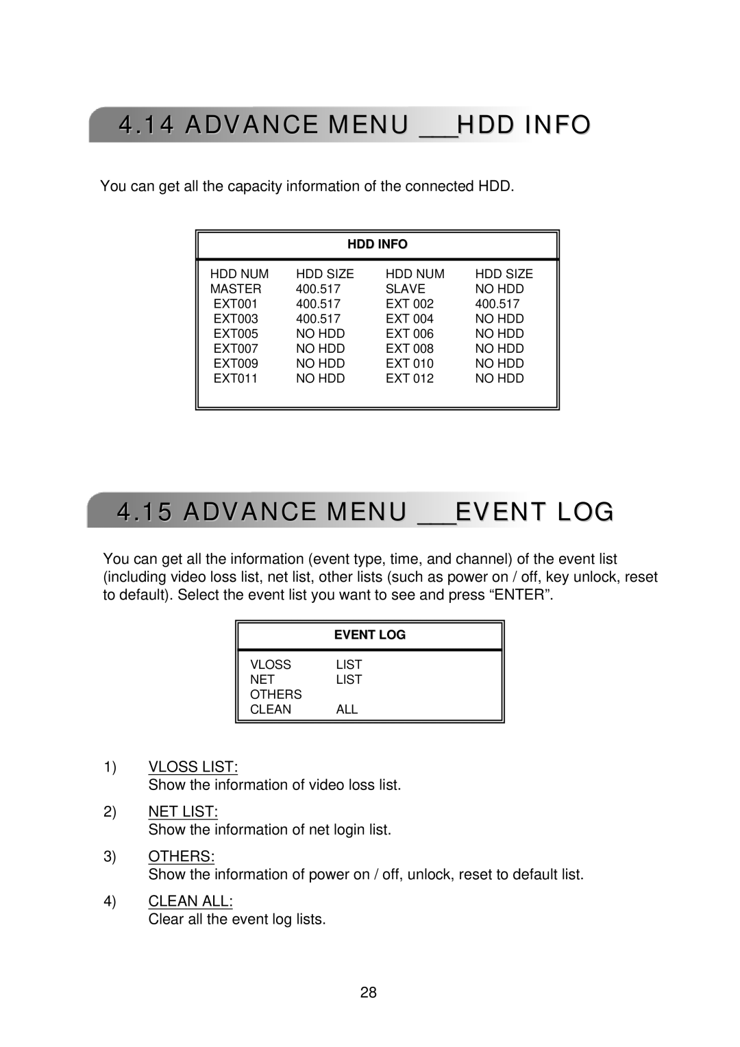 Multiplex Technology 16CH, 8CH, 4CH user manual Advance Menu HDD Info, Advance Menu Event LOG 