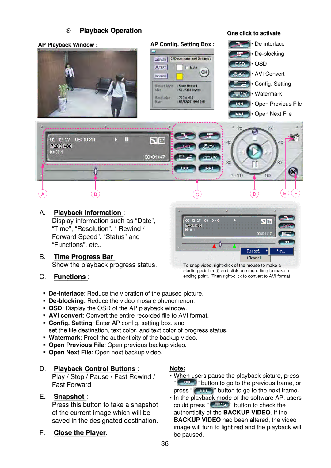 Multiplex Technology 8CH, 16CH, 4CH Playback Operation, Playback Information, Time Progress Bar, Functions, Snapshot 