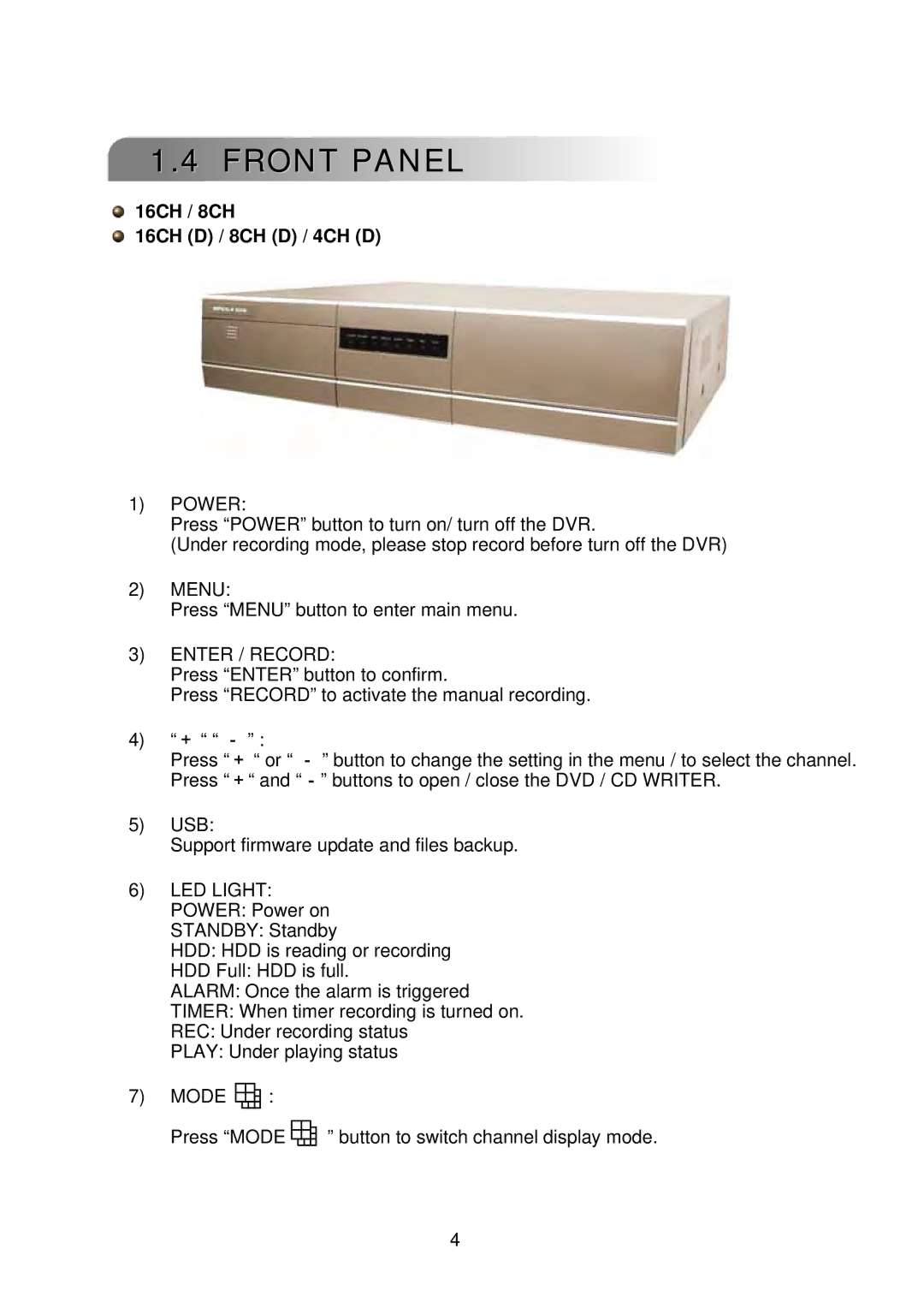 Multiplex Technology user manual Front Panel, 16CH / 8CH 16CH D / 8CH D / 4CH D, Power, Enter / Record 