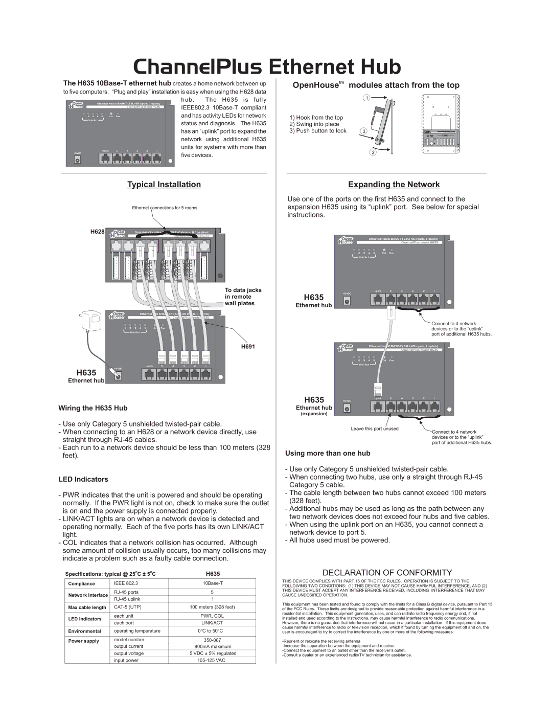 Multiplex Technology H635 specifications OpenHouse tm, Expanding the Network 