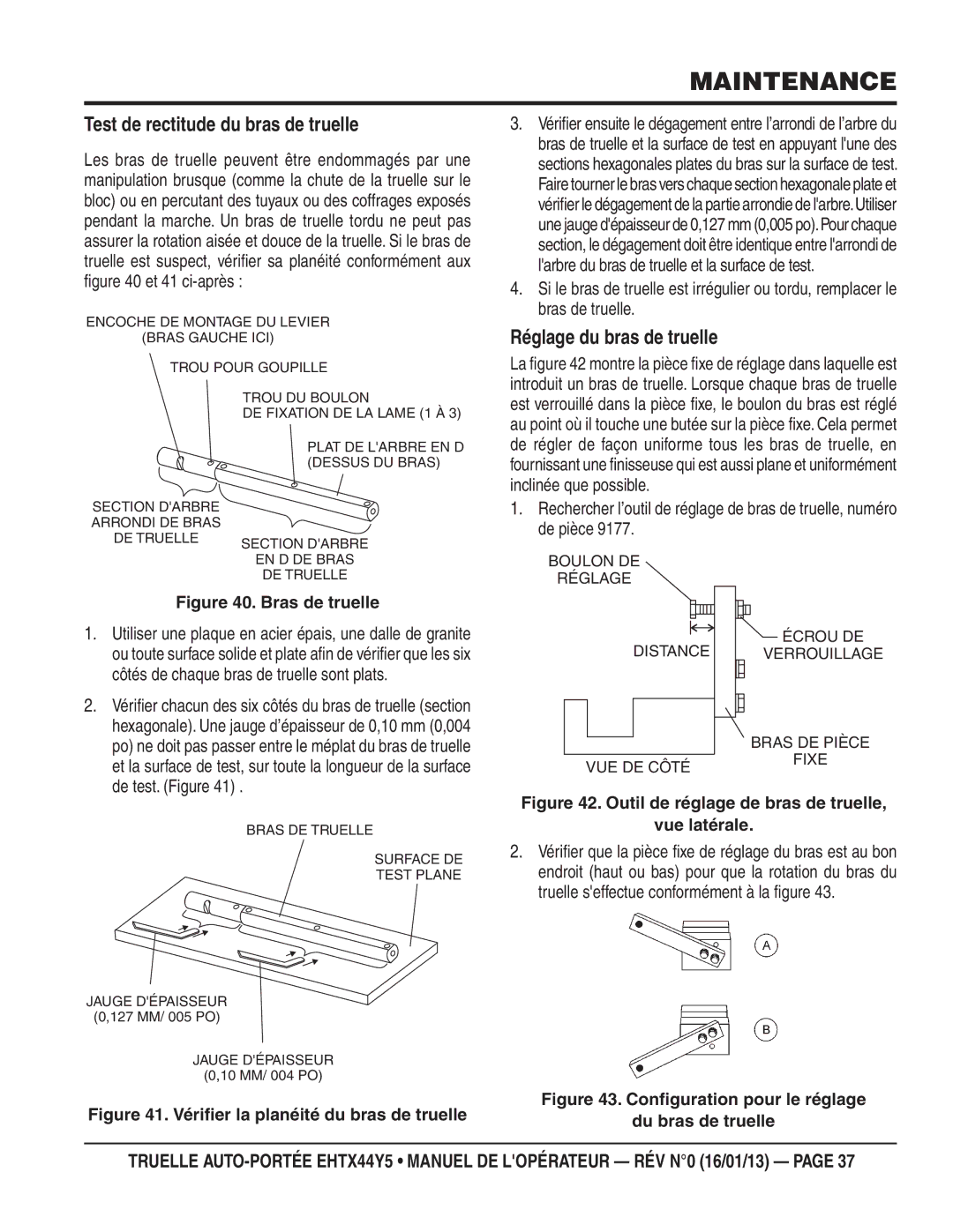 Multiquip 16.01.13 manual Test de rectitude du bras de truelle, Boulon DE Réglage 