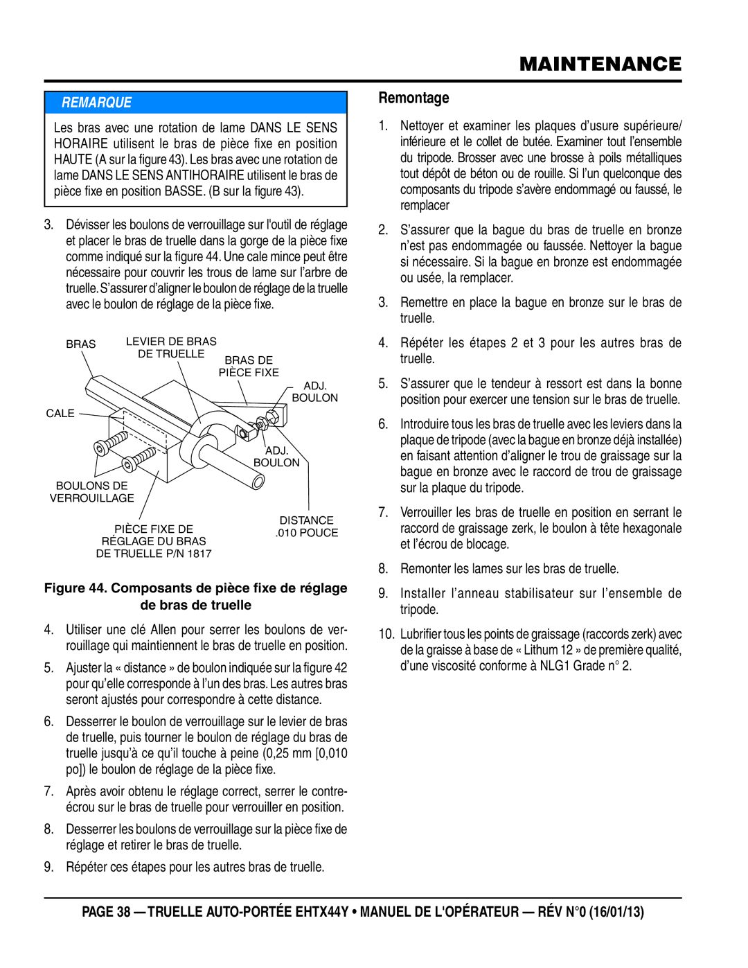 Multiquip 16.01.13 manual Remontage, Composants de pièce fixe de réglage De bras de truelle 