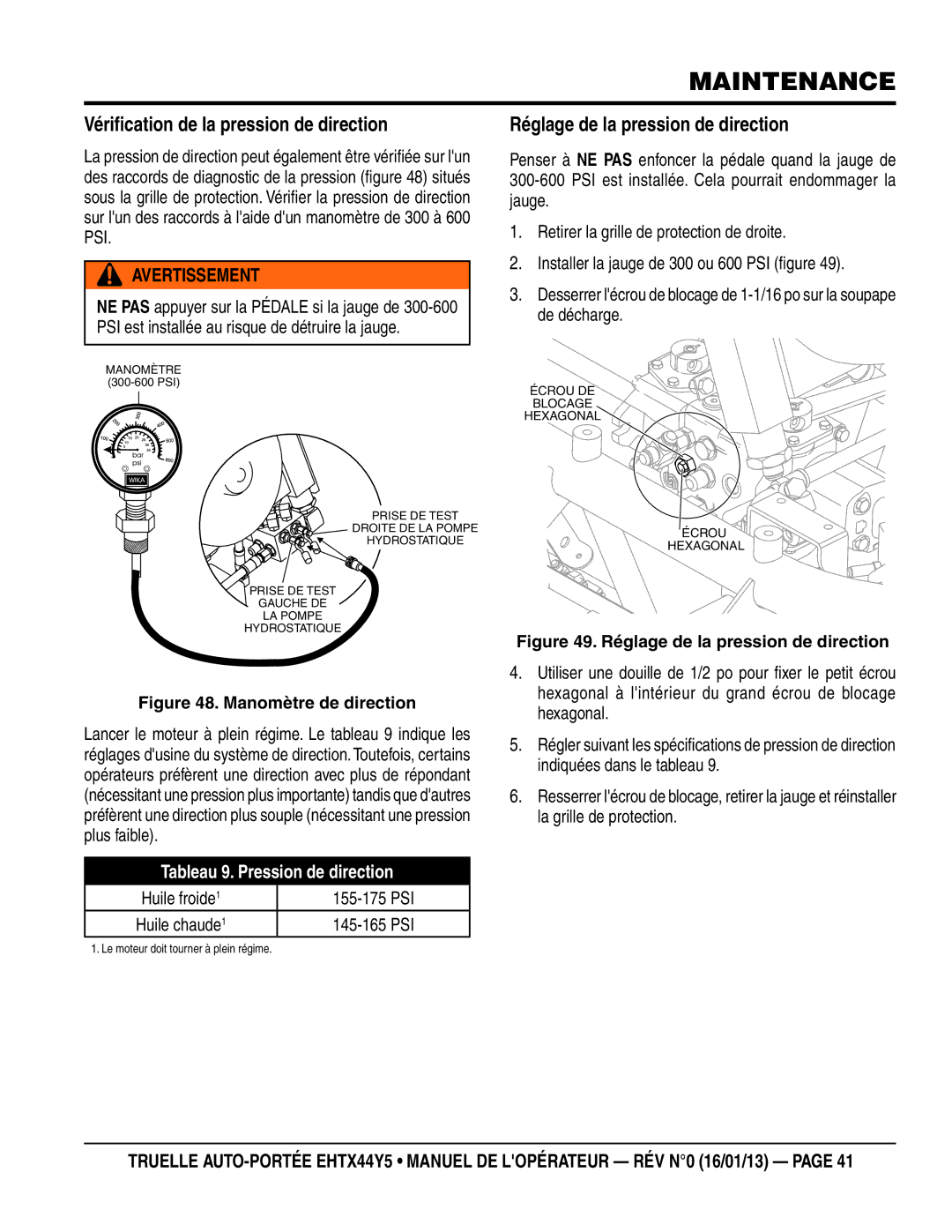 Multiquip 16.01.13 Vérification de la pression de direction, Réglage de la pression de direction, Huile froide 155-175 PSI 