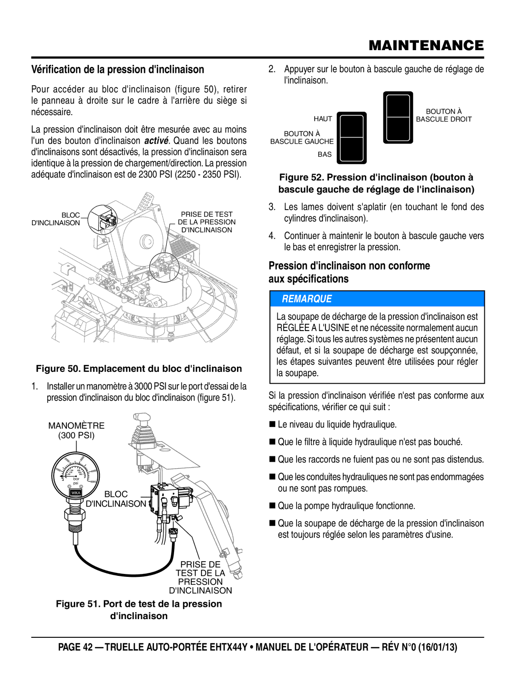 Multiquip 16.01.13 manual Vérification de la pression dinclinaison, Pression dinclinaison non conforme aux spécifications 