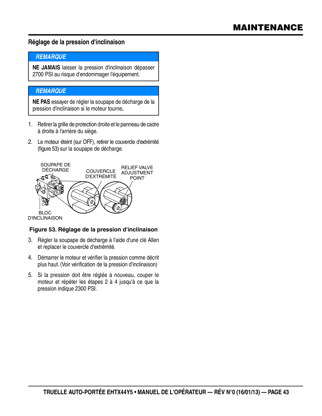 Multiquip 16.01.13 manual Réglage de la pression dinclinaison 