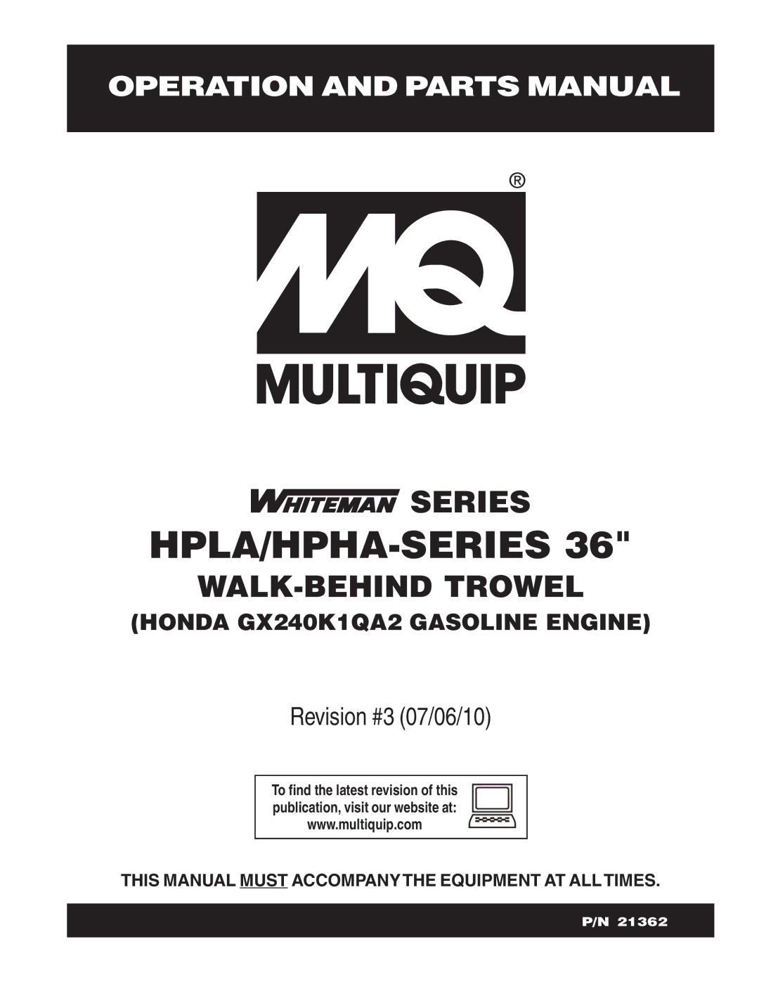 Multiquip 21362 manual Hpla/Hpha-Series 