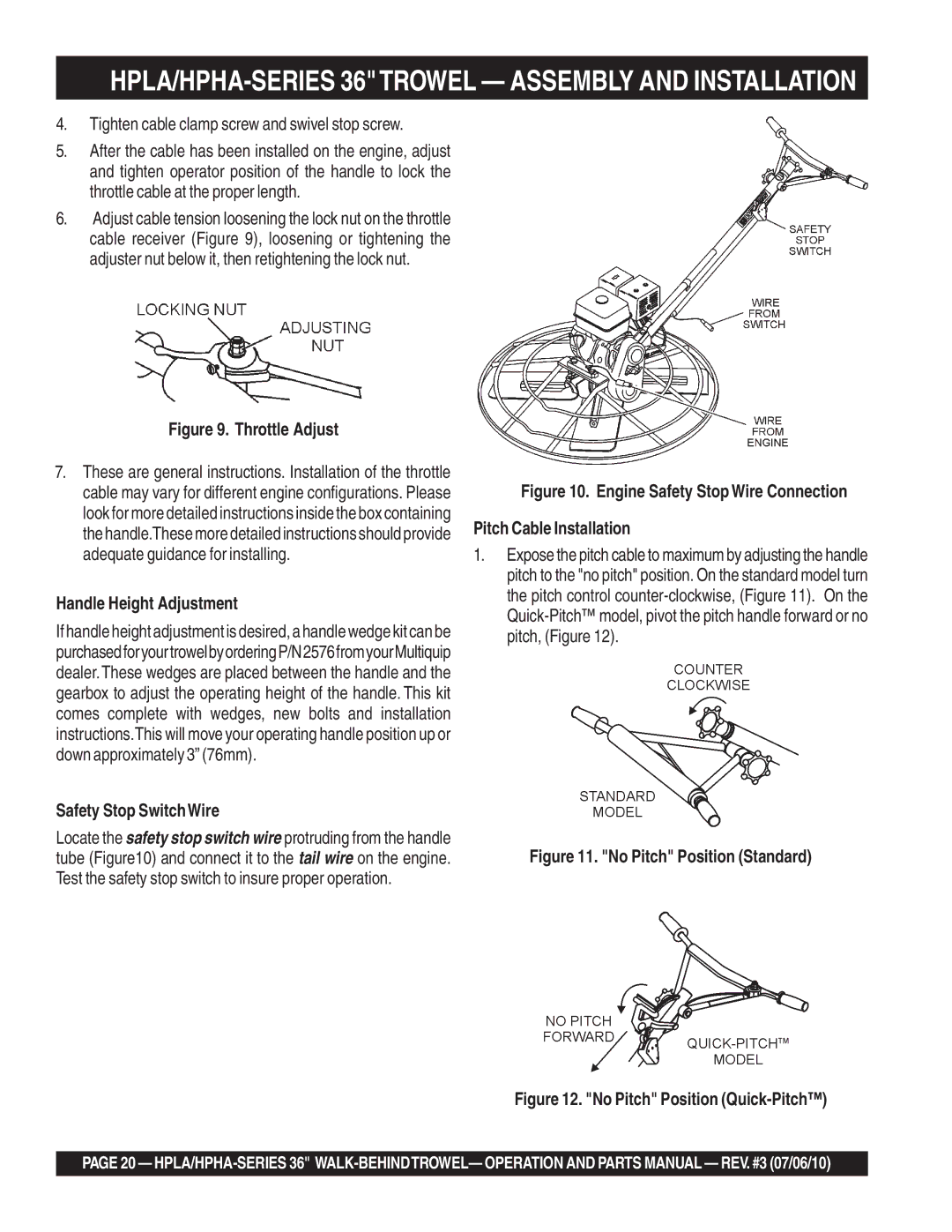 Multiquip 21362 manual Tighten cable clamp screw and swivel stop screw, Handle Height Adjustment, Safety Stop SwitchWire 