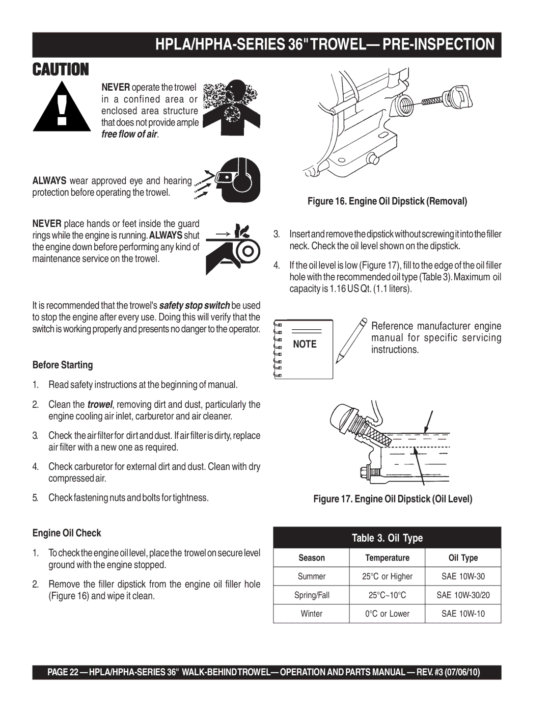 Multiquip 21362 manual HPLA/HPHA-SERIES 36TROWEL- PRE-INSPECTION, Instructions, Before Starting, Engine Oil Check 