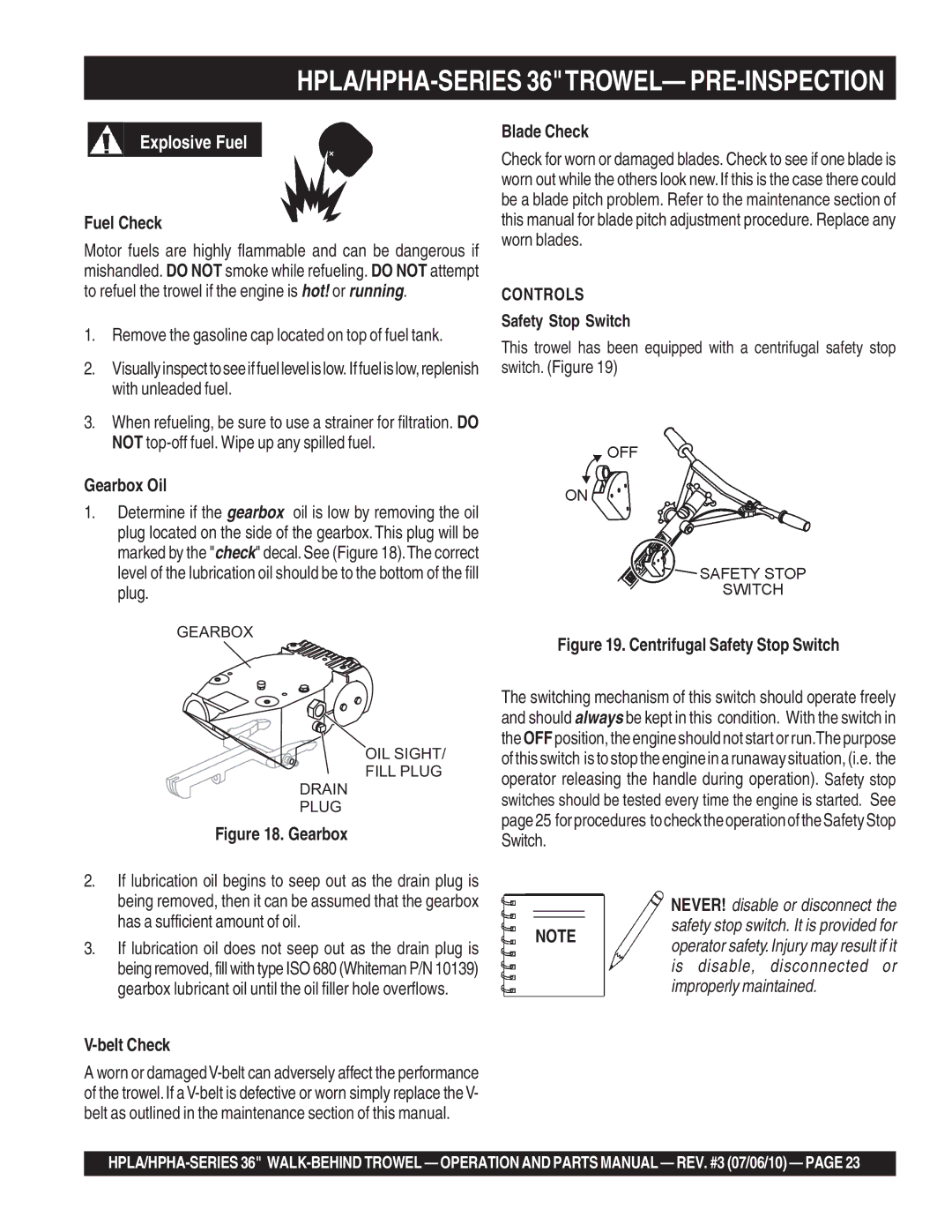 Multiquip 21362 manual HPLA/HPHA-SERIES 36TROWEL- PRE-INSPECTION, Controls 