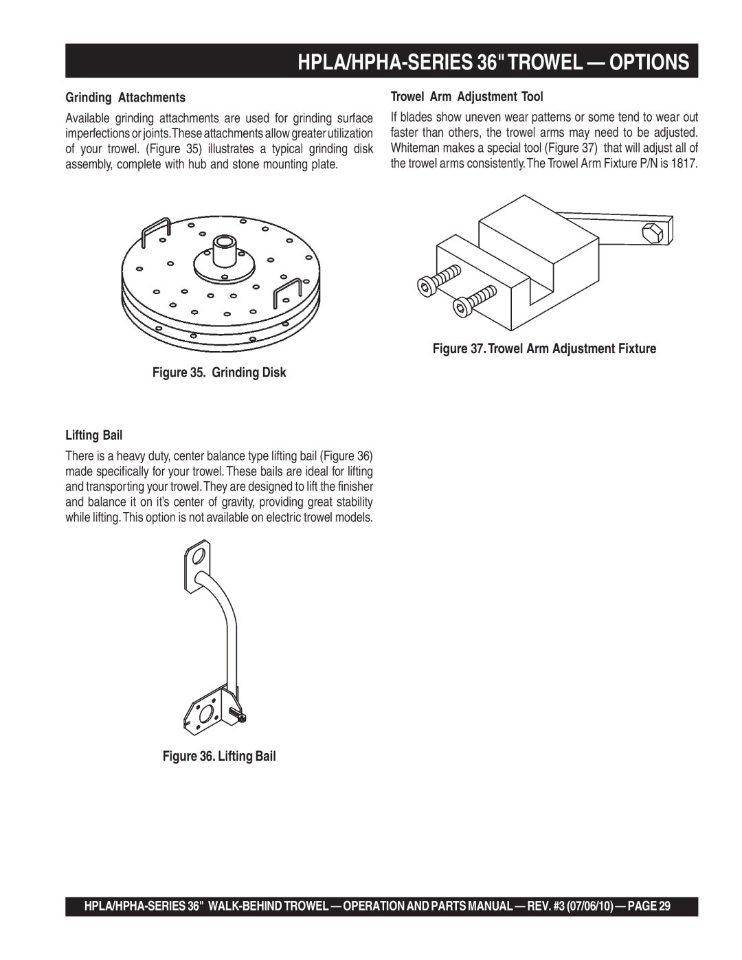 Multiquip 21362 manual HPLA/HPHA-SERIES 36TROWEL Options, Grinding Attachments, Trowel Arm Adjustment Tool 