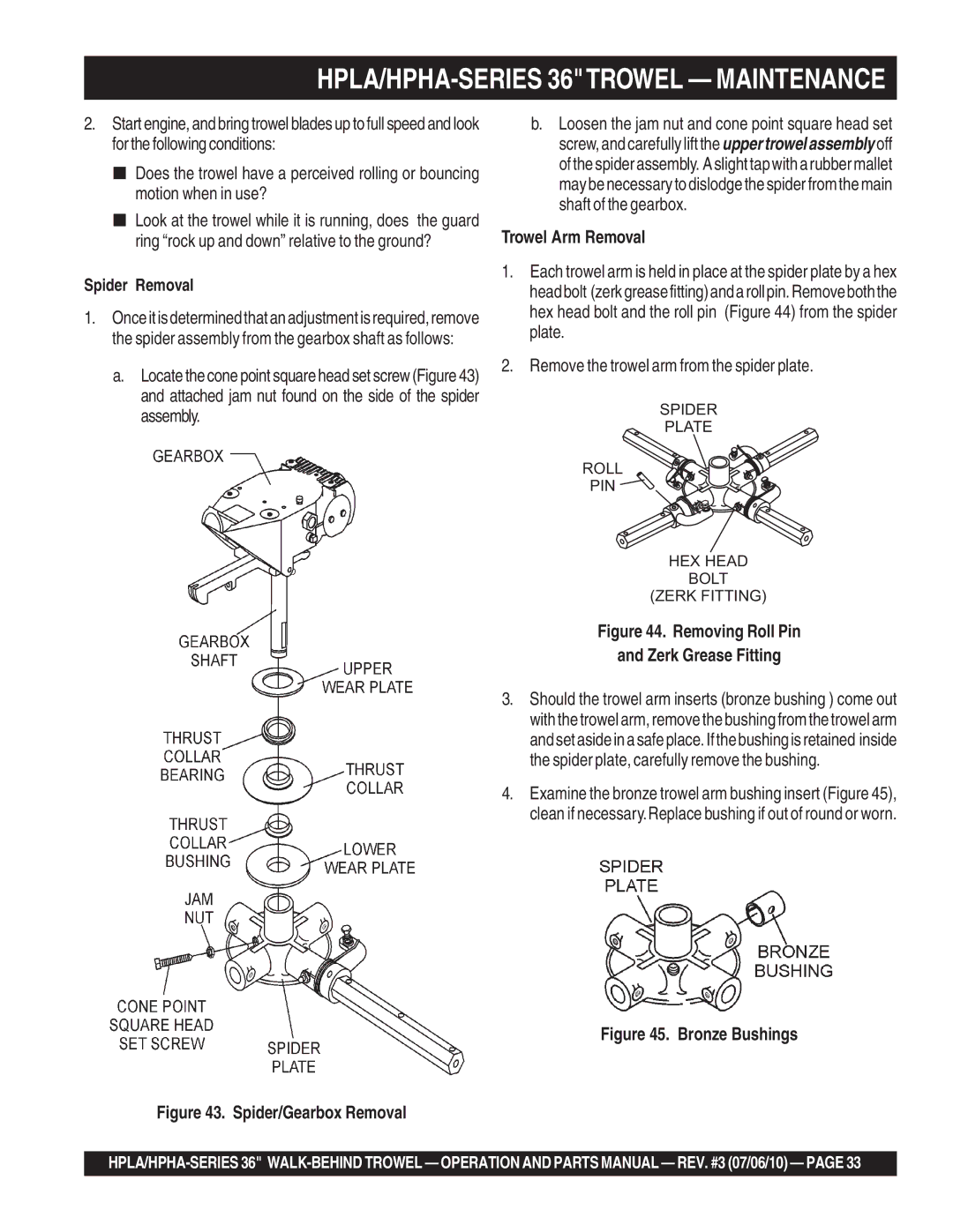 Multiquip 21362 manual HPLA/HPHA-SERIES 36TROWEL Maintenance, Spider Removal, Trowel Arm Removal 