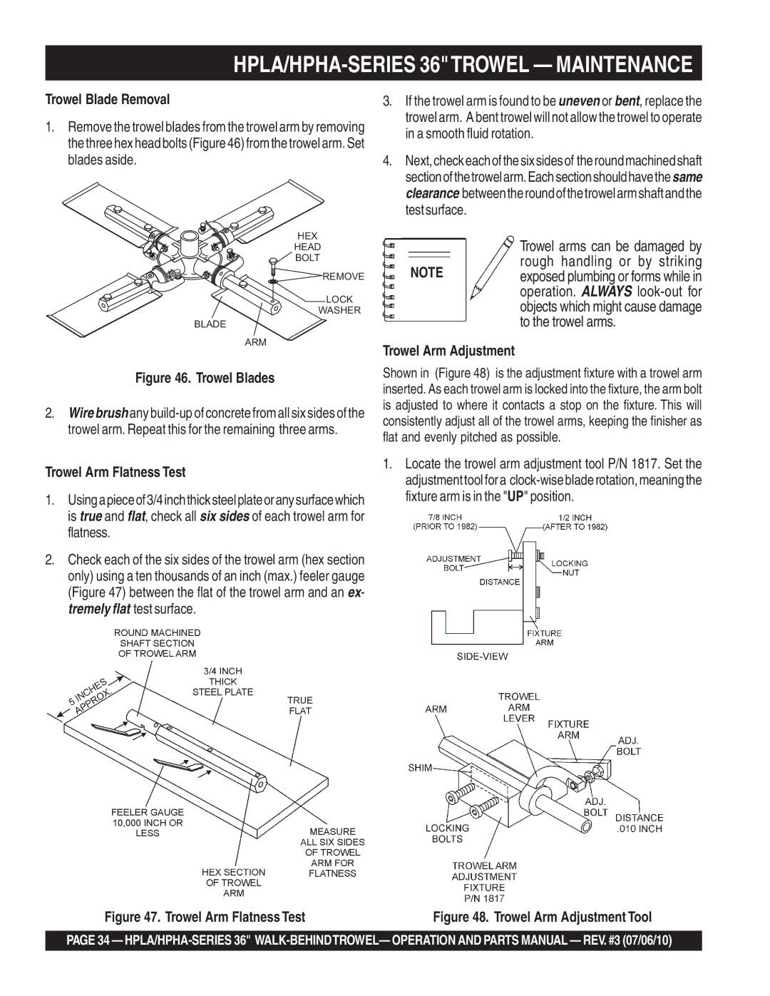 Multiquip 21362 manual Trowel Blade Removal, Trowel Arm Flatness Test 