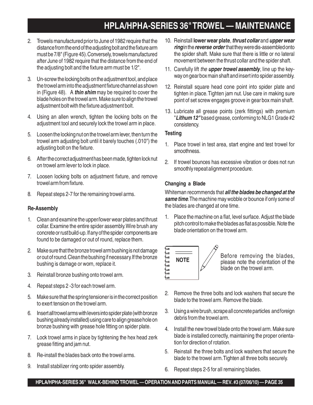 Multiquip 21362 manual Before removing the blades, Re-Assembly, Testing, Changing a Blade 