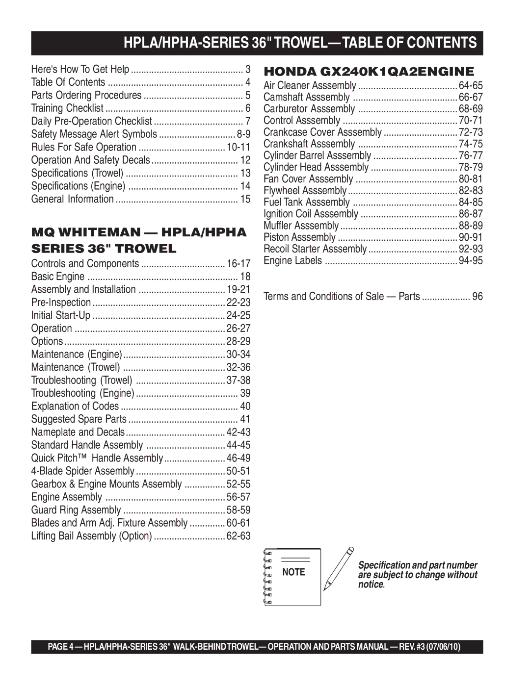 Multiquip 21362 manual HPLA/HPHA-SERIES 36TROWEL-TABLE of Contents 