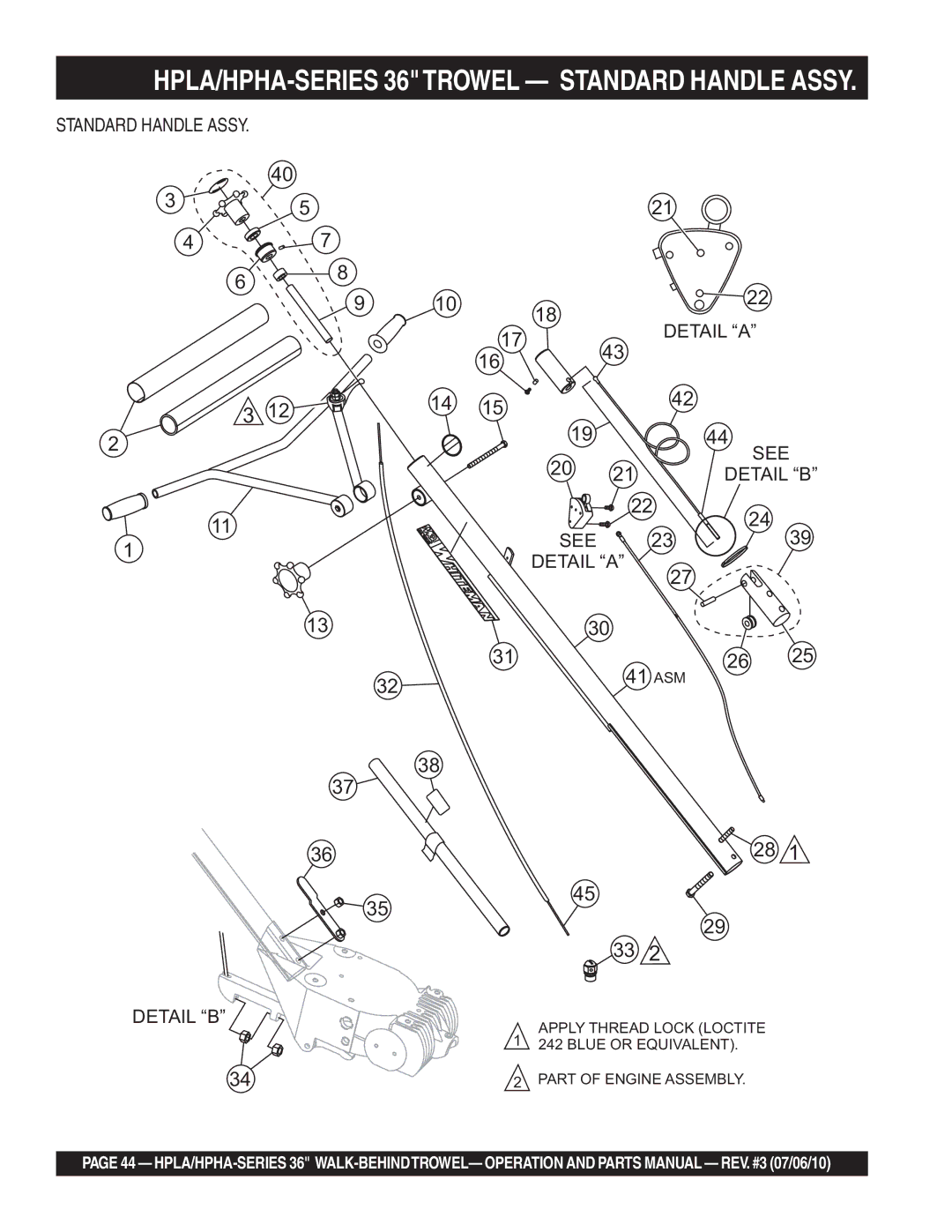 Multiquip 21362 manual HPLA/HPHA-SERIES 36TROWEL Standard Handle Assy, Standard Handle Assy Detail a See Detail B 