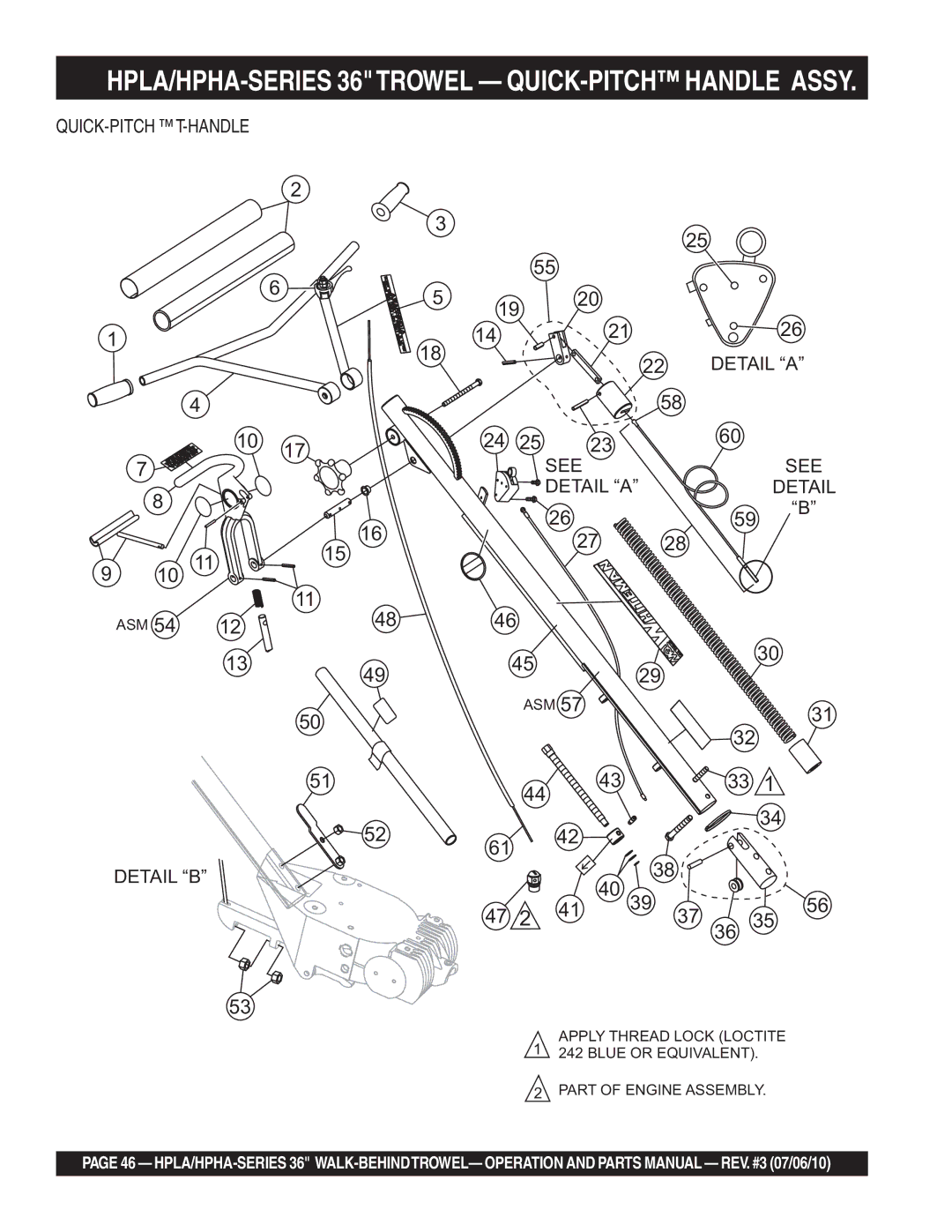 Multiquip 21362 manual HPLA/HPHA-SERIES 36TROWEL QUICK-PITCH Handle Assy 