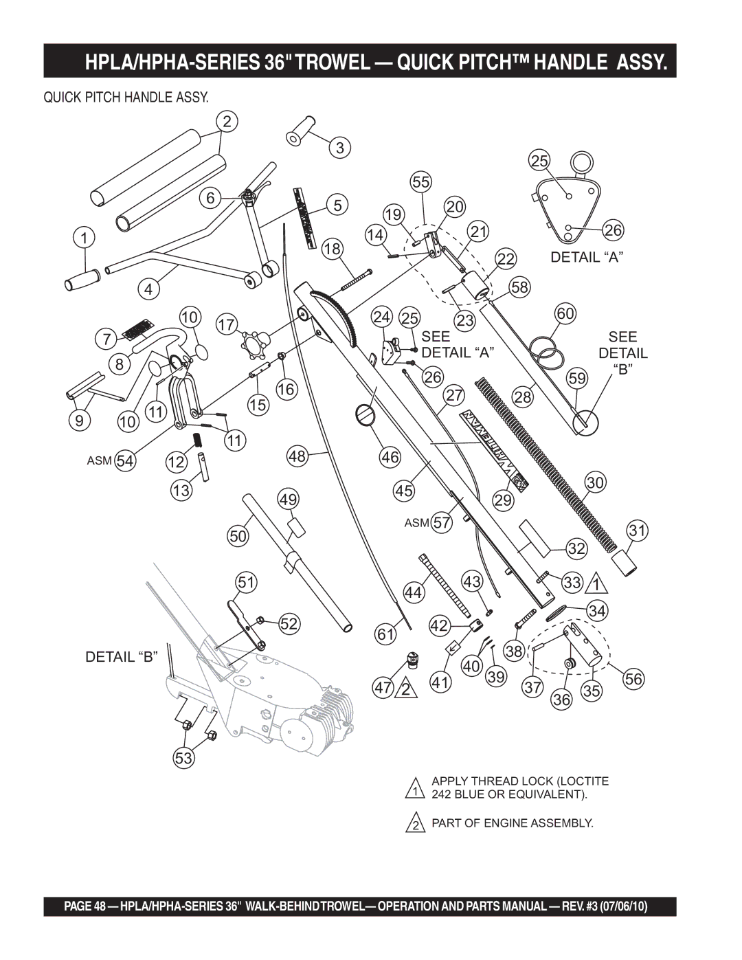 Multiquip 21362 manual HPLA/HPHA-SERIES 36TROWEL Quick Pitch Handle Assy 