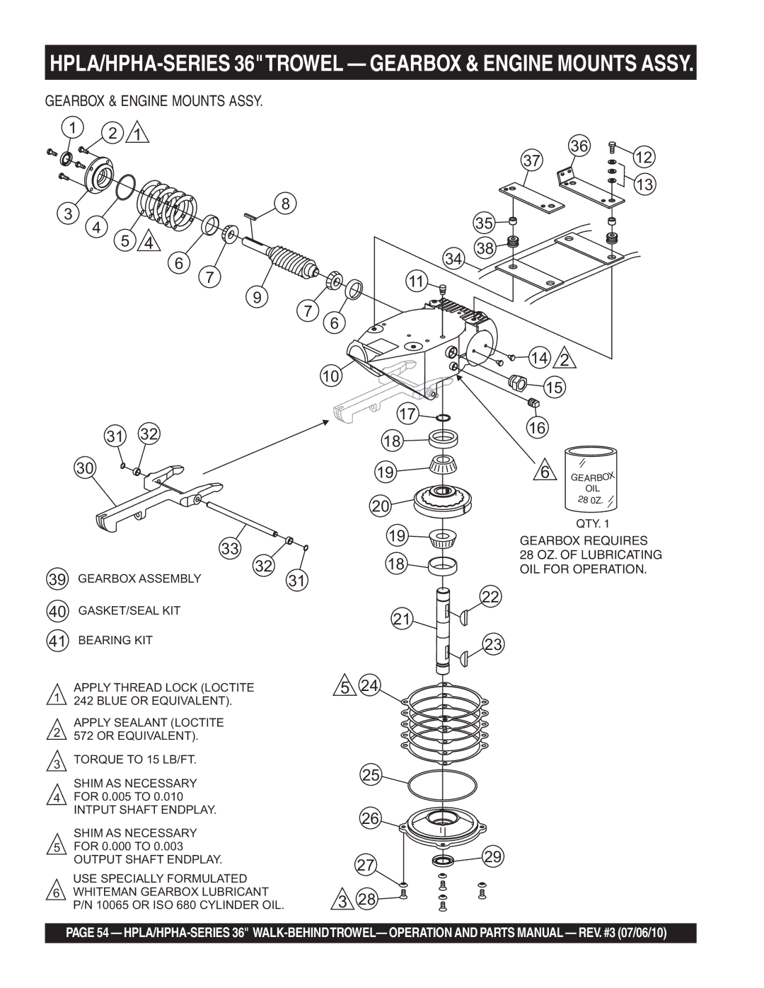 Multiquip 21362 manual HPLA/HPHA-SERIES 36TROWEL Gearbox & Engine Mounts Assy 