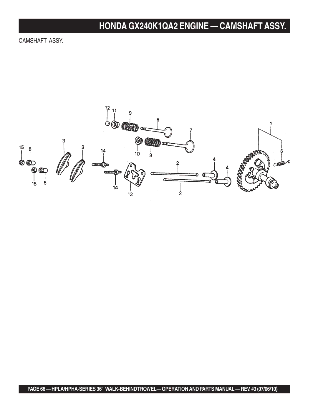 Multiquip 21362 manual Honda GX240K1QA2 Engine Camshaft Assy 