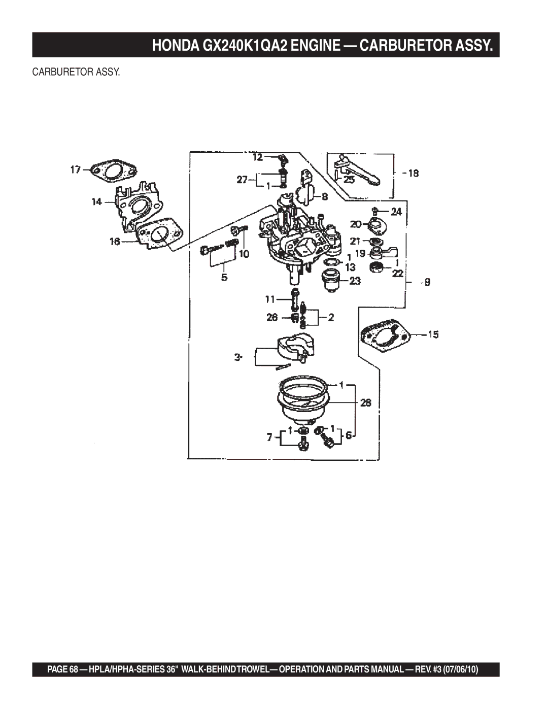 Multiquip 21362 manual Honda GX240K1QA2 Engine Carburetor Assy 