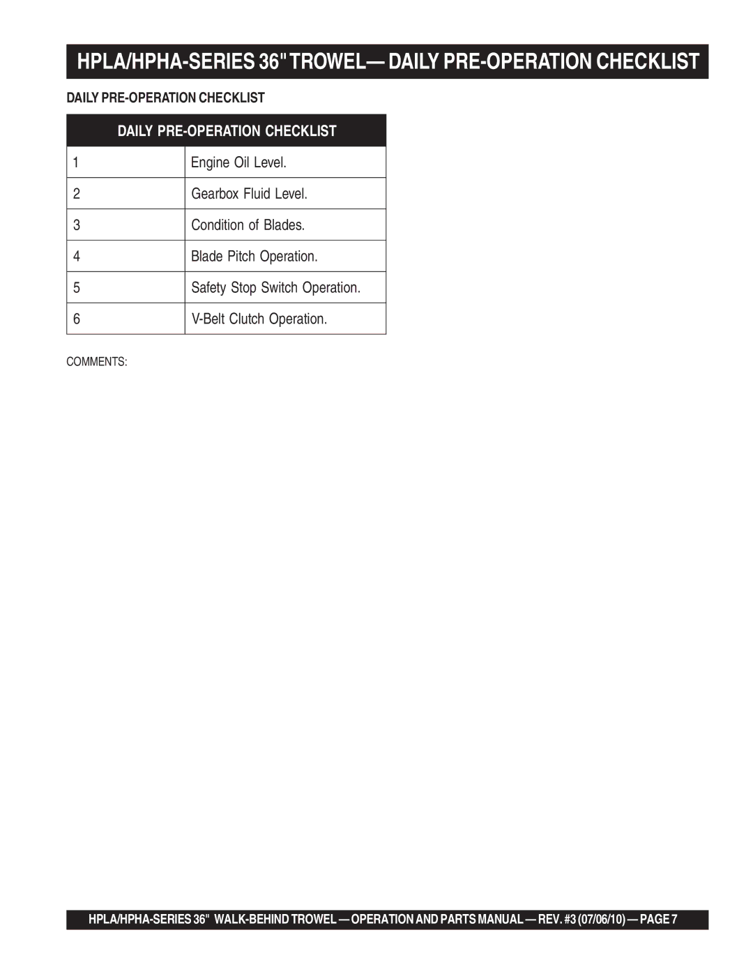 Multiquip 21362 manual HPLA/HPHA-SERIES 36TROWEL- Daily PRE-OPERATION Checklist 