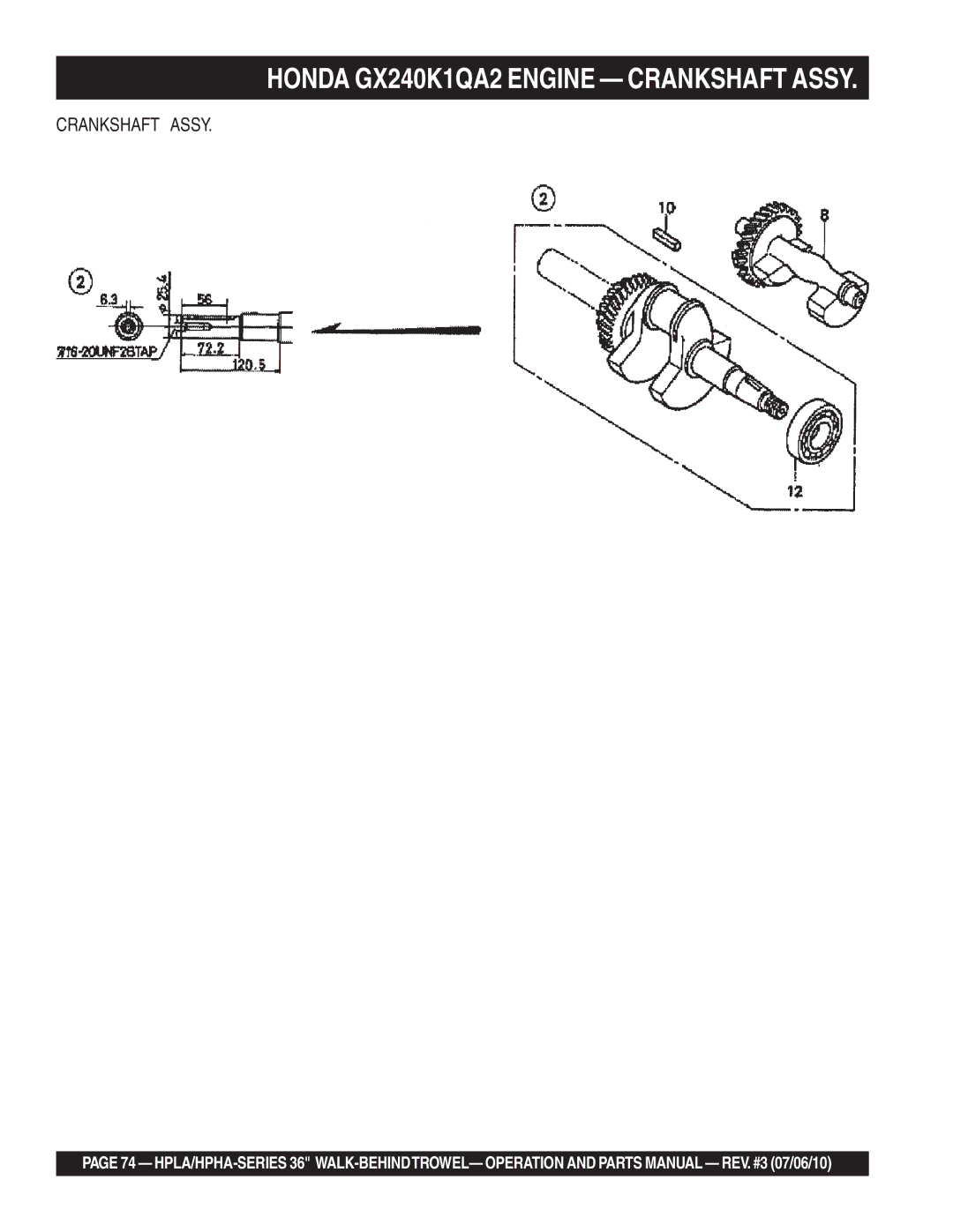 Multiquip 21362 manual Honda GX240K1QA2 Engine Crankshaft Assy 