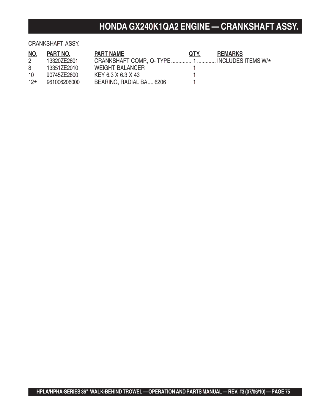 Multiquip 21362 manual 13320ZE2601, 13351ZE2010, WEIGHT, Balancer, 90745ZE2600 KEY 6.3 X 6.3 X 961006206000 