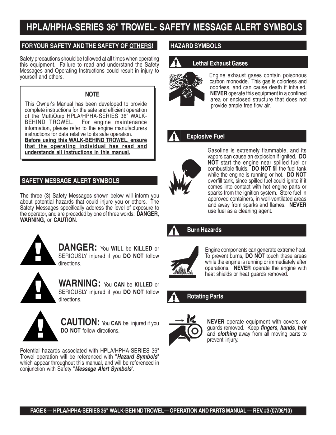 Multiquip 21362 manual HPLA/HPHA-SERIES 36 TROWEL- Safety Message Alert Symbols, Do not follow directions 