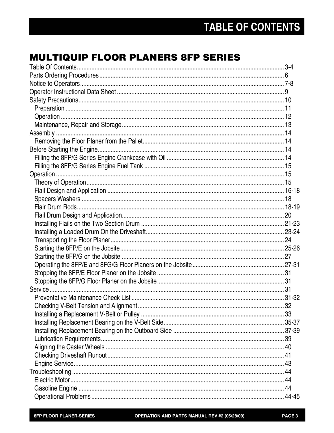 Multiquip 8FP Series manual Table of Contents 